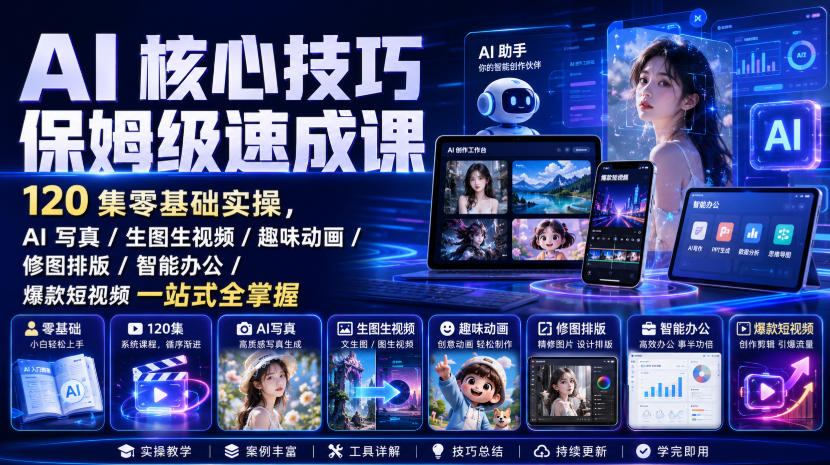 AI核心技巧保姆级速成课｜120集零基础实操，AI写真/生图生视频/趣味动画/修图排版/智能办公/爆款短视频一站式全掌握(更新)-天韵资源网