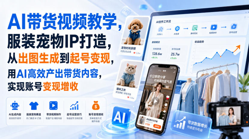 AI带货视频教学，服装宠物IP打造，从出图生成到起号变现，用AI高效产出带货内容，实现账号变现增收-天韵资源网