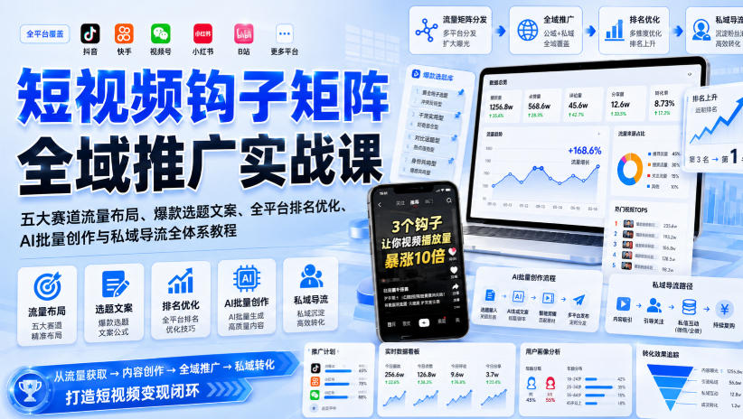短视频钩子矩阵全域推广实战课｜五大赛道流量布局、爆款选题文案、全平台排名优化、AI批量创作与私域导流全体系教程-天韵资源网
