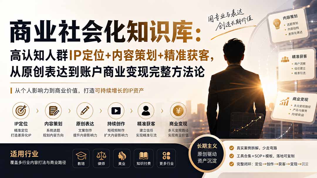 商业社会化知识库：高认知人群IP定位+内容策划+精准获客，从原创表达到账户商业变现完整方法论-天韵资源网