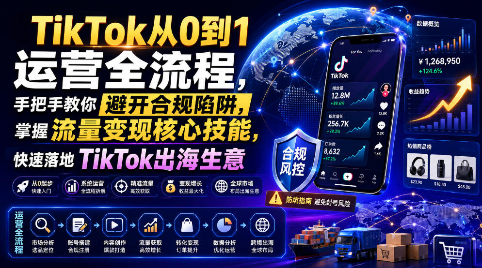 TikTok从0到1运营全流程，手把手教你避开合规陷阱，掌握流量变现核心技能，快速落地TikTok出海生意(更新8月)-天韵资源网