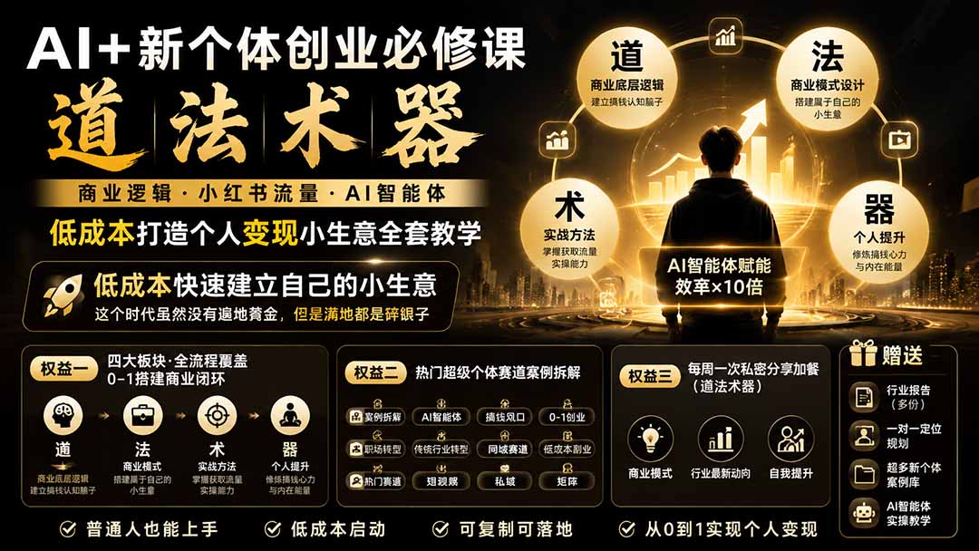 AI+新个体创业必修课｜道法术器｜商业逻辑·小红书流量·AI智能体｜低成本打造个人变现小生意全套教学-天韵资源网