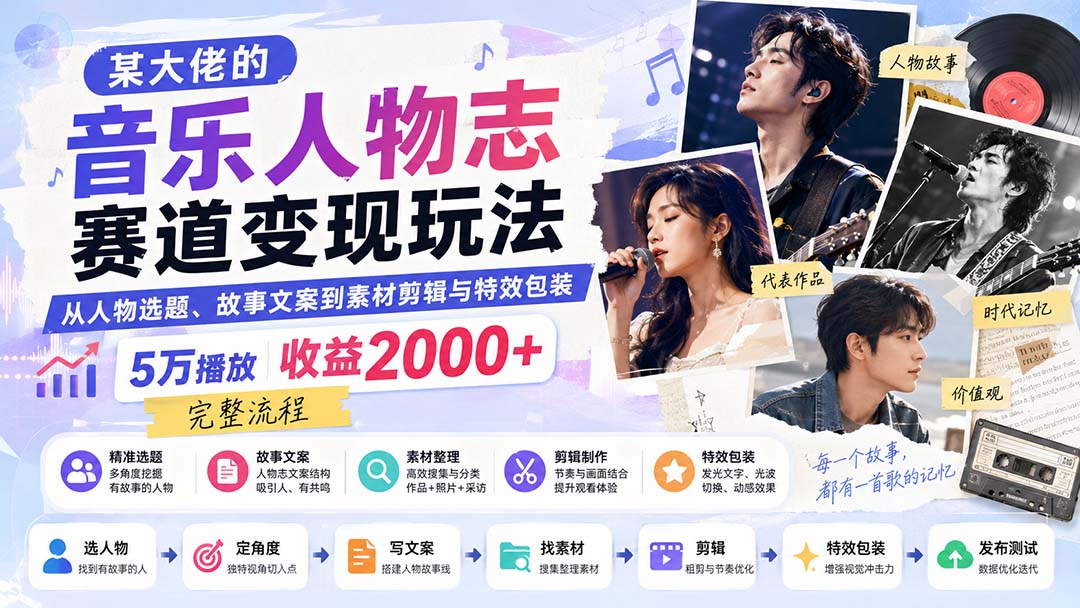 某大佬的音乐人物志赛道变现玩法：从人物选题、故事文案到素材剪辑与特效包装，5万播放收益2000+完整流程-天韵资源网