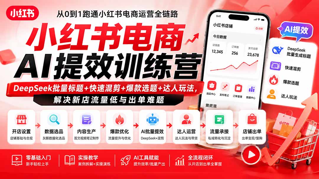 小红书电商AI提效训练营—DeepSeek批量标题+快速混剪+爆款选题+达人玩法，解决新店流量低与出单难题-天韵资源网