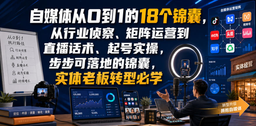 自媒体从0到1的18个锦囊,从行业侦察、矩阵运营到直播话术、起号实操,步步可落地的锦囊,实体老板转型必学-天韵资源网