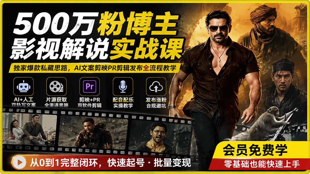 500万粉博主影视解说实战课｜独家爆款私藏思路，AI文案剪映PR剪辑发布全流程教学-天韵资源网