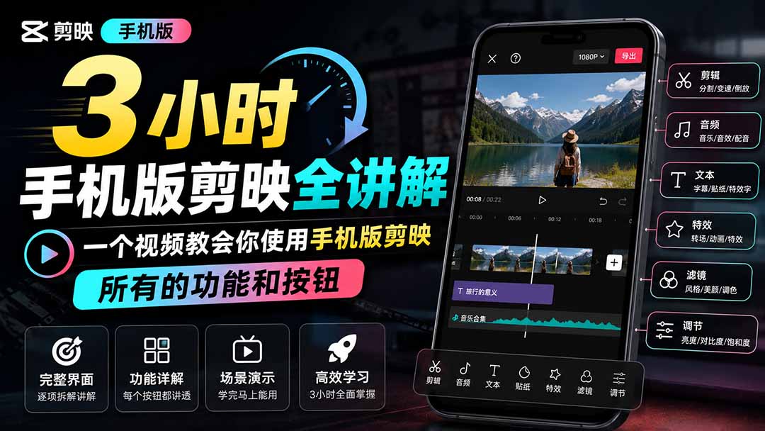3小时手机版剪映全讲解，一个视频教会你使用手机版剪映，所有的功能和按钮-天韵资源网