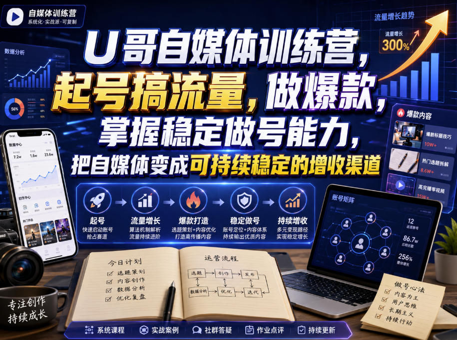 U哥自媒体训练营，起号搞流量，做爆款，掌握稳定做号能力，把自媒体变成可持续稳定的增收渠道-天韵资源网