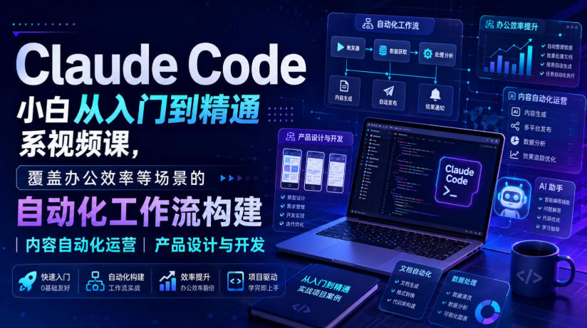 Claude Code小白从入门到精通系视频课，覆盖办公效率等场景的自动化工作流构建|内容自动化运营|产品设计与开发-天韵资源网