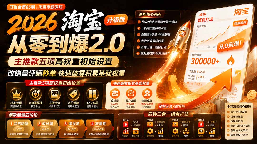 2026淘宝从零到爆2.0第85期；主推款五项高权重初始设置，改销量评晒秒单快速破零积累基础权重-天韵资源网