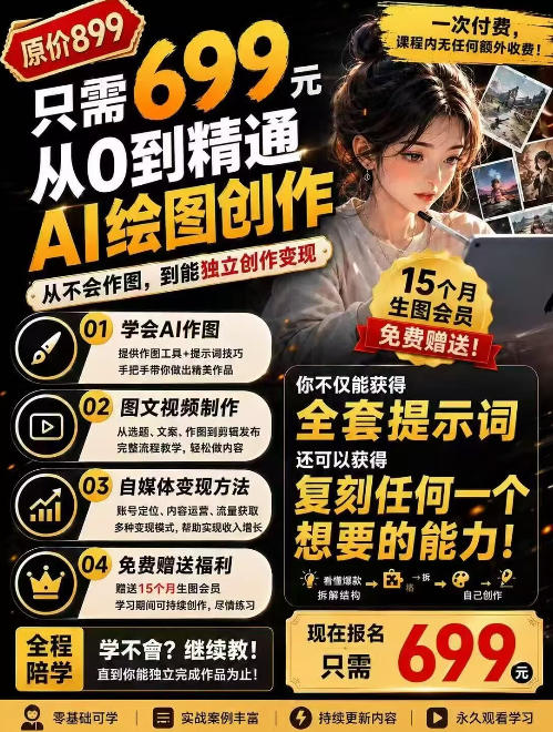 抖音10W粉丝博主的AI绘图教学，从0到精通AI绘图创作，从不会作图到能独立创作变现-天韵资源网