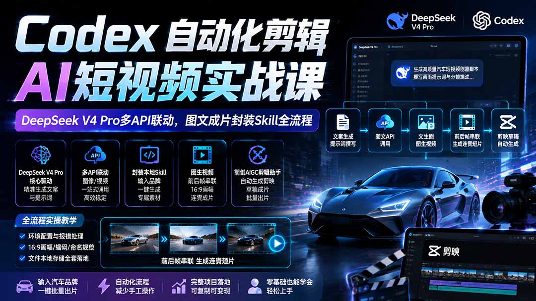 Codex自动化剪辑AI短视频实战课｜DeepSeek V4 Pro多API联动，图文成片封装Skill全流程-天韵资源网