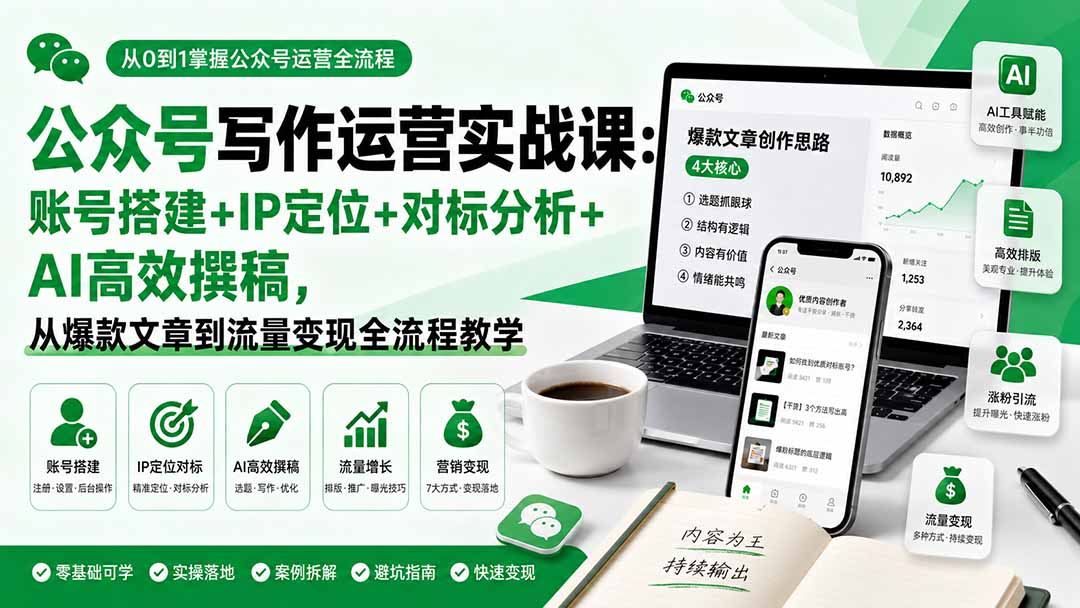 公众号写作运营实战课：账号搭建+IP定位+对标分析+AI高效撰稿，从爆款文章到流量变现全流程教学-天韵资源网