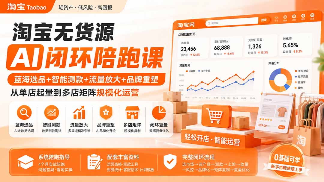 淘宝无货源AI闭环陪跑课：蓝海选品+智能测款+流量放大+品牌重塑，从单店起量到多店矩阵规模化运营-天韵资源网