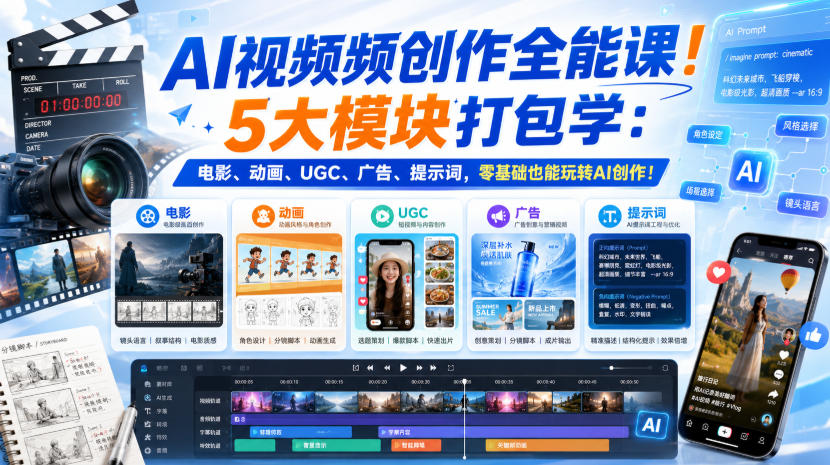 AI视频频创作全能课！5大模块打包学：电影、动画、UGC、广告、提示词，零基础也能玩转AI创作！【原创双语字幕】-天韵资源网