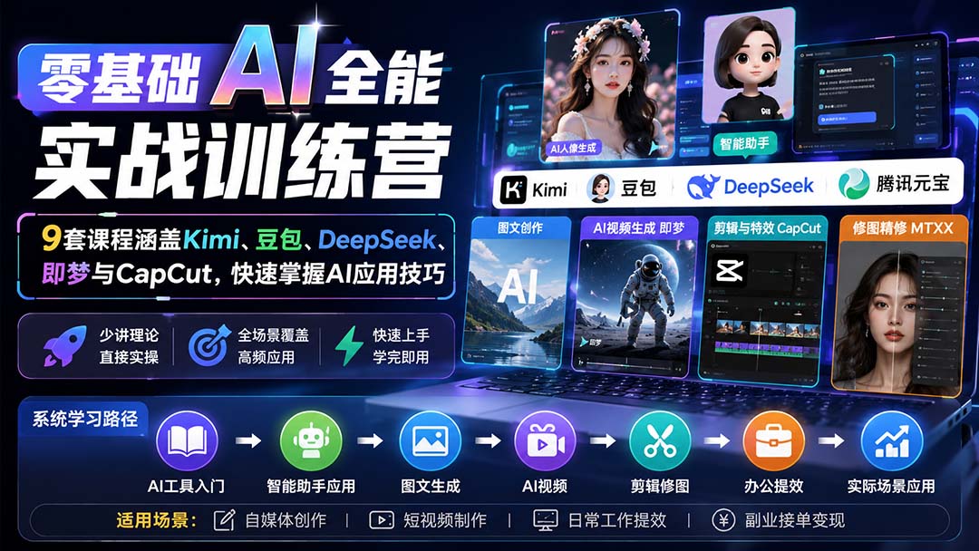 零基础AI全能实战训练营：9套课程涵盖Kimi、豆包、DeepSeek、即梦与CapCut，快速掌握AI应用技巧-天韵资源网