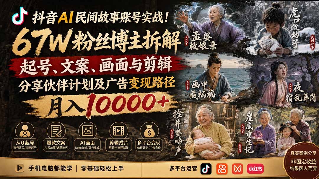 抖音AI民间故事账号实战！67W粉丝博主拆解起号、文案、画面与剪辑，分享伙伴计划及广告变现路径，月入10000+-天韵资源网