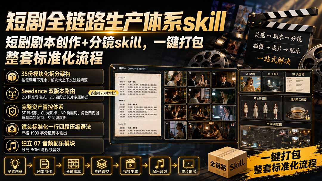 短剧全链路生产体系skill，短剧剧本创作+分镜skill，一键打包，整套标准化流程-天韵资源网