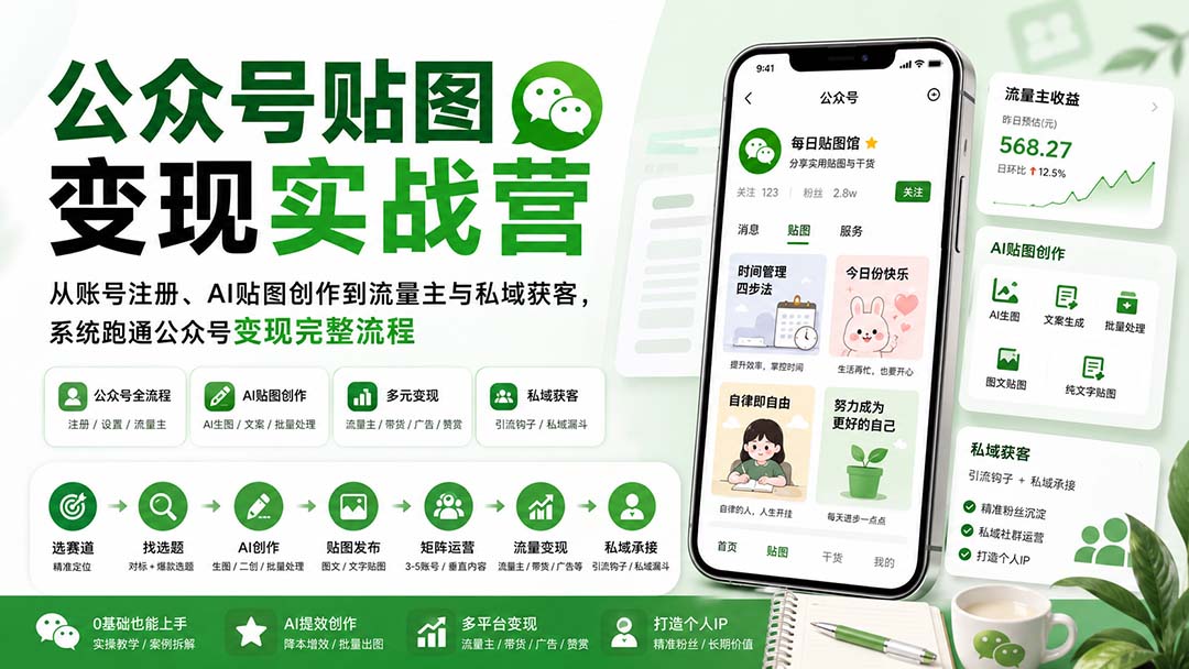 公众号贴图变现实战营：从账号注册、AI贴图创作到流量主与私域获客，系统跑通公众号变现完整流程-天韵资源网