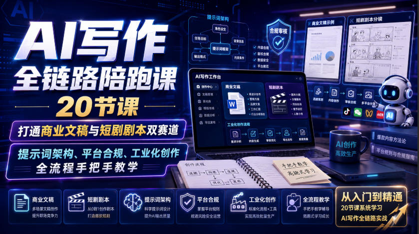 AI写作全链路陪跑课｜20节课打通商业文稿与短剧剧本双赛道，提示词架构、平台合规、工业化创作全流程手把手教学-天韵资源网
