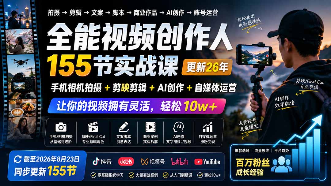 全能视频创作人155节实战课-更新26年8月：手机相机拍摄+剪映剪辑+AI创作+自媒体运营，让你的视频拥有灵活，轻松10w-天韵资源网