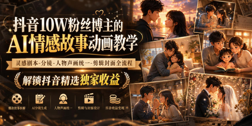 抖音10W粉丝博主的AI情感故事动画教学，灵感剧本‑分镜‑人物声画统一‑剪辑封面全流程，解锁抖音精选独家收益-天韵资源网