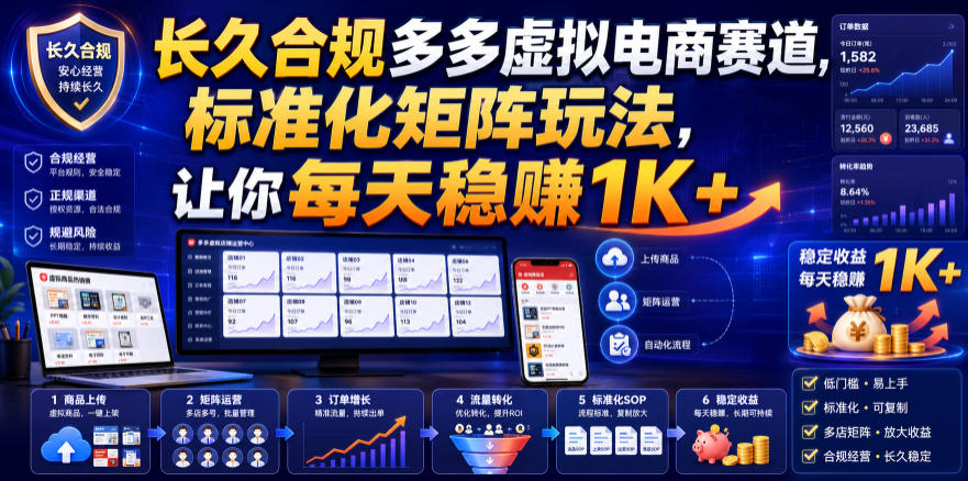 长久合规多多虚拟电商赛道，标准化矩阵玩法，让你每天稳賺1K+【揭秘】-天韵资源网