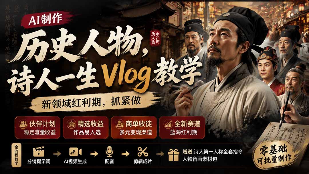 历史人物，诗人一生Vlog教学， AI制作丨伙伴计划丨精选收益丨商单收徒 ，新领域红利期，抓紧做-天韵资源网