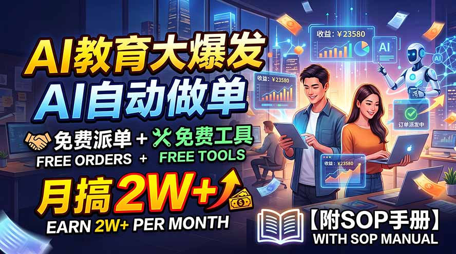 AI教育大爆发，AI自动做单，免费派单+免费工具，月搞2W+【附SOP手册】-天韵资源网