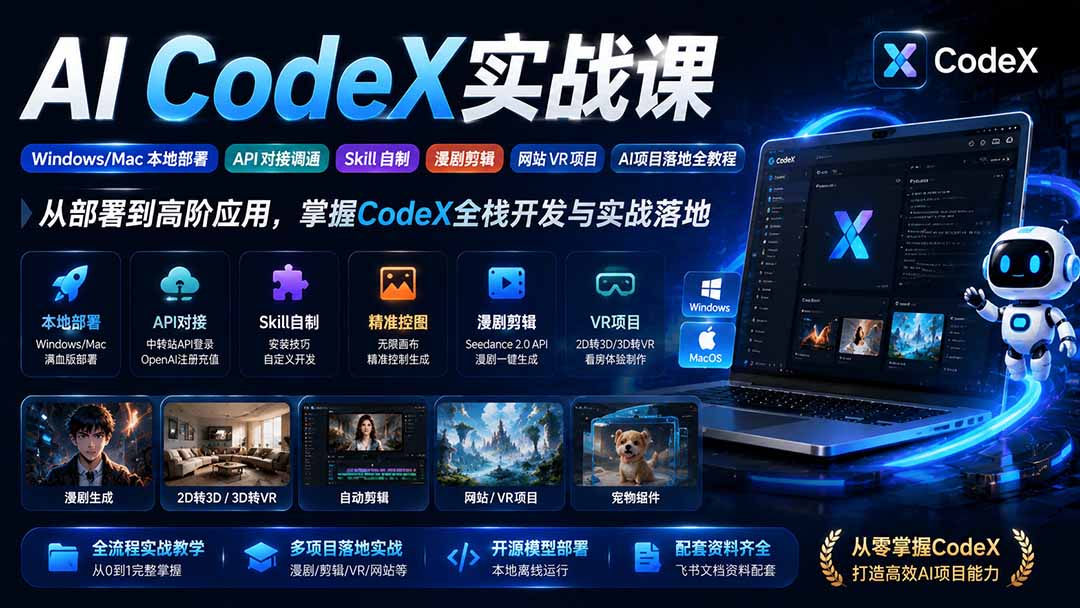 AI  CodeX实战课｜Windows/Mac 本地部署｜API 对接调通｜Skill 自制｜漫剧剪辑｜网站 VR 项目｜AI项目落地全教程-天韵资源网
