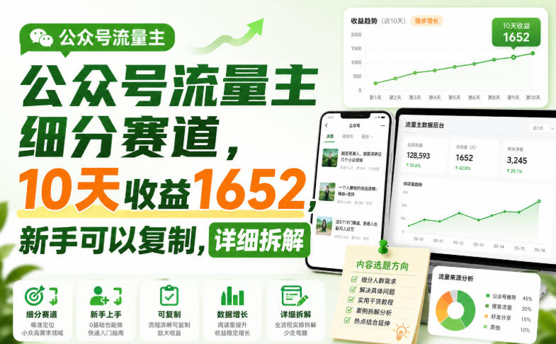 公众号流量主细分赛道，10天收益1652，新手可以复制，详细拆解-天韵资源网