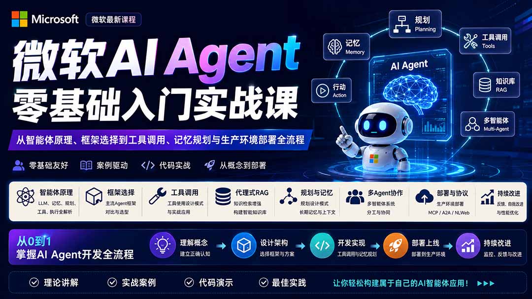 微软AI Agent零基础入门实战课：从智能体原理、框架选择到工具调用、记忆规划与生产环境部署全流程-天韵资源网