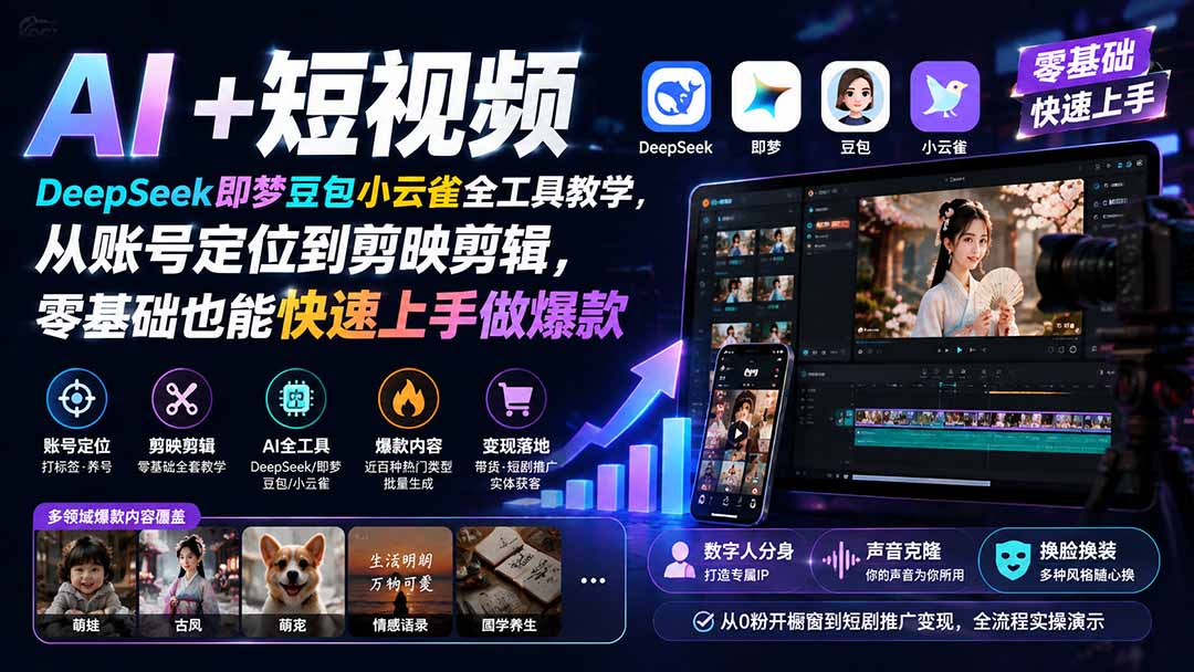 AI+短视频｜DeepSeek即梦豆包小云雀全工具教学，从账号定位到剪映剪辑，零基础也能快速上手做爆款-天韵资源网
