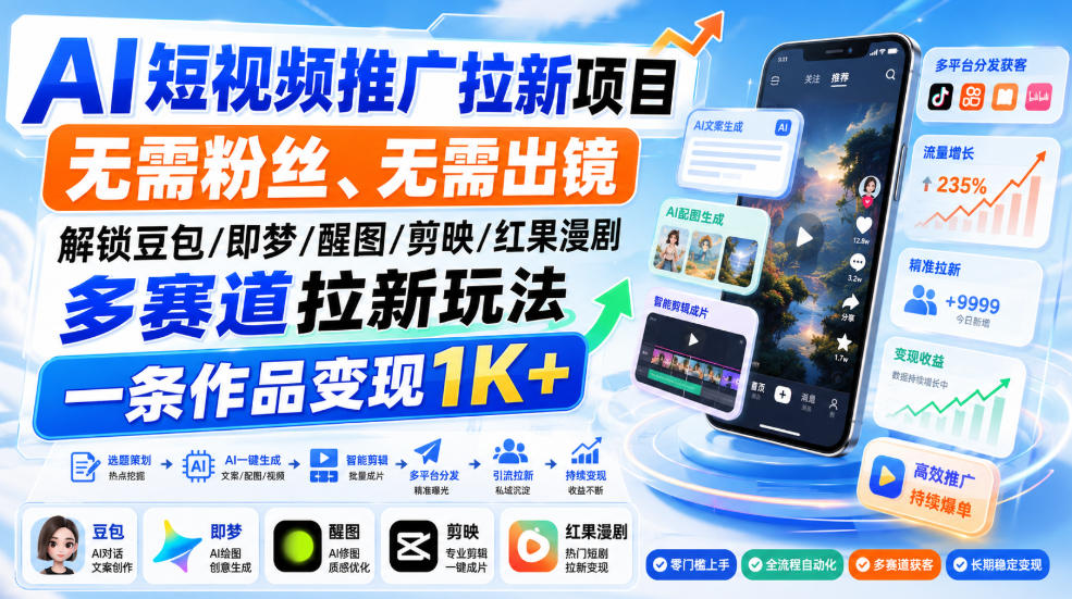 AI短视频推广拉新项目，无需粉丝、无需出镜，解锁豆包/即梦/醒图/剪映/红果漫剧多赛道拉新玩法，一条作品变现1K+-天韵资源网