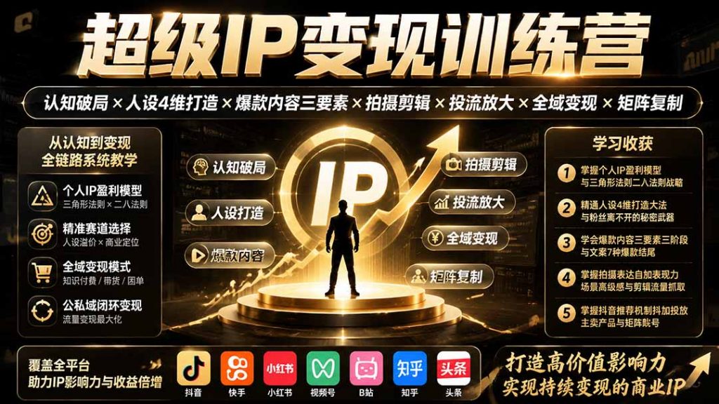 超级IP变现训练营：认知破局×人设4维打造×爆款内容三要素×拍摄剪辑×投流放大×全域变现×矩阵复制-天韵资源网