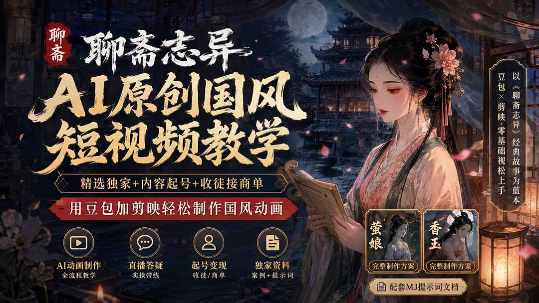 聊斋志异AI原创国风短视频教学；精选独家+内容起号+收徒接商单，用豆包加剪映轻松制作国风动画-天韵资源网
