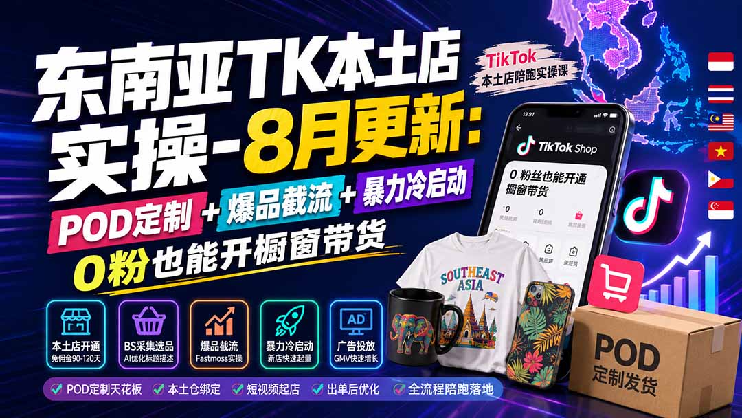 东南亚TK本土店实操-8月更新：POD定制+爆品截流+暴力冷启动，0粉也能开橱窗带货-天韵资源网