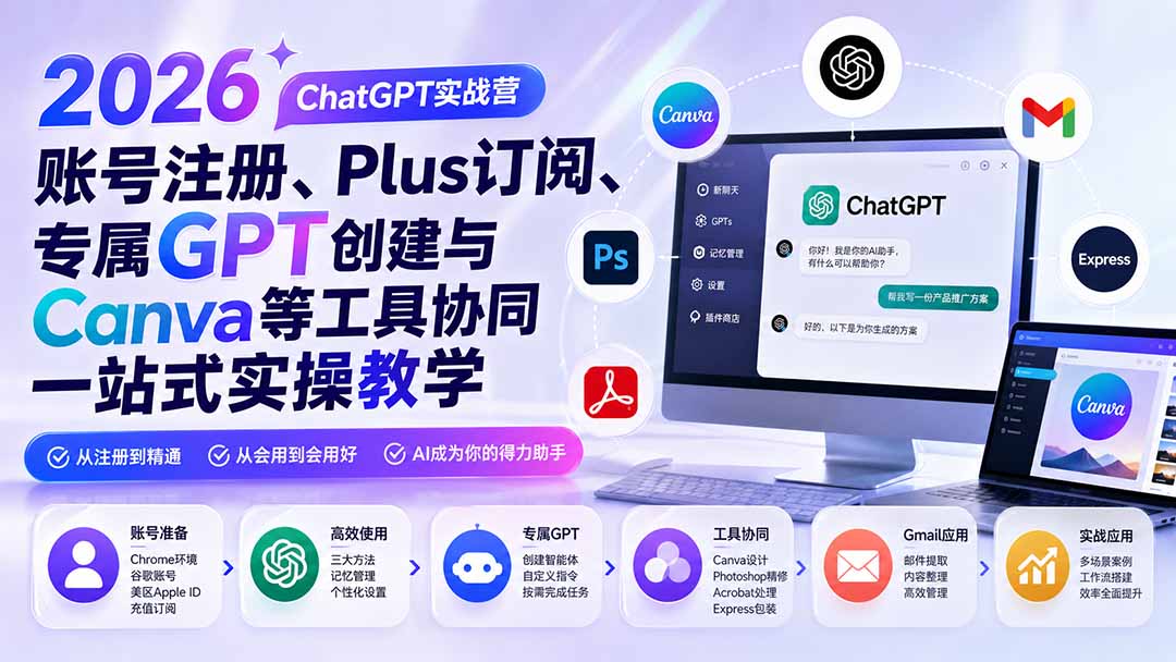 2026 ChatGPT实战营；账号注册、Plus订阅、专属GPT创建与Canva等工具协同一站式实操教学-天韵资源网