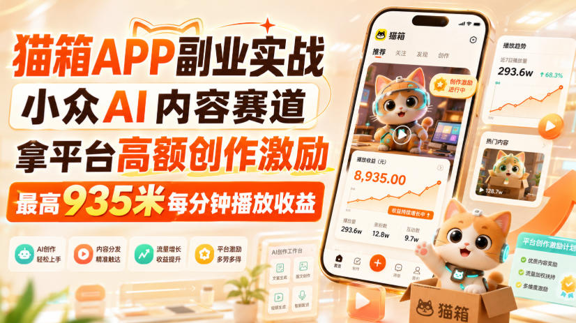 猫箱APP副业实战，小众AI内容赛道，拿平台高额创作激励，最高935米每分钟播放收益-天韵资源网