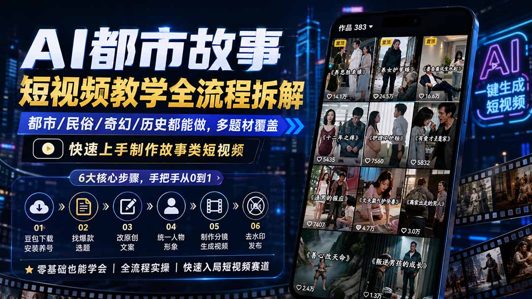 AI都市故事短视频教学全流程拆解;都市/民俗/奇幻/历史都能做多题材覆盖,快速上手制作故事类短视频-天韵资源网