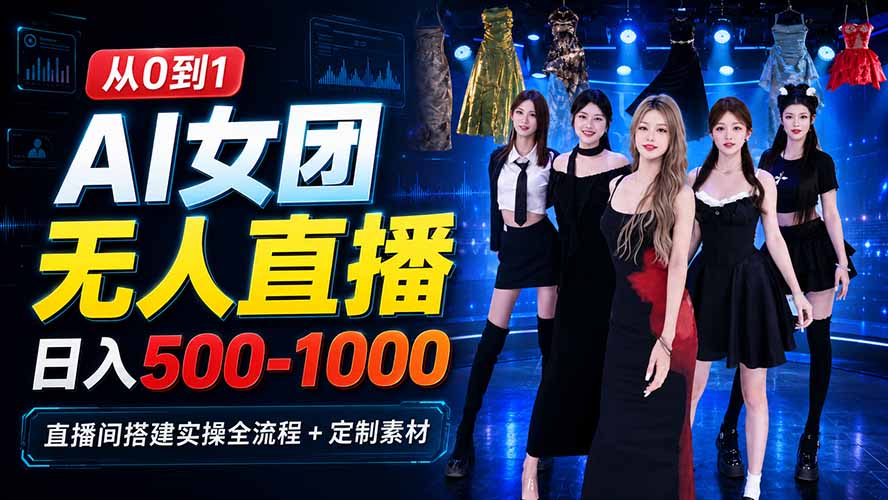 AI 女团无人直播，躺入500-1000每天，直播间搭建实操全流程+定制素材-天韵资源网