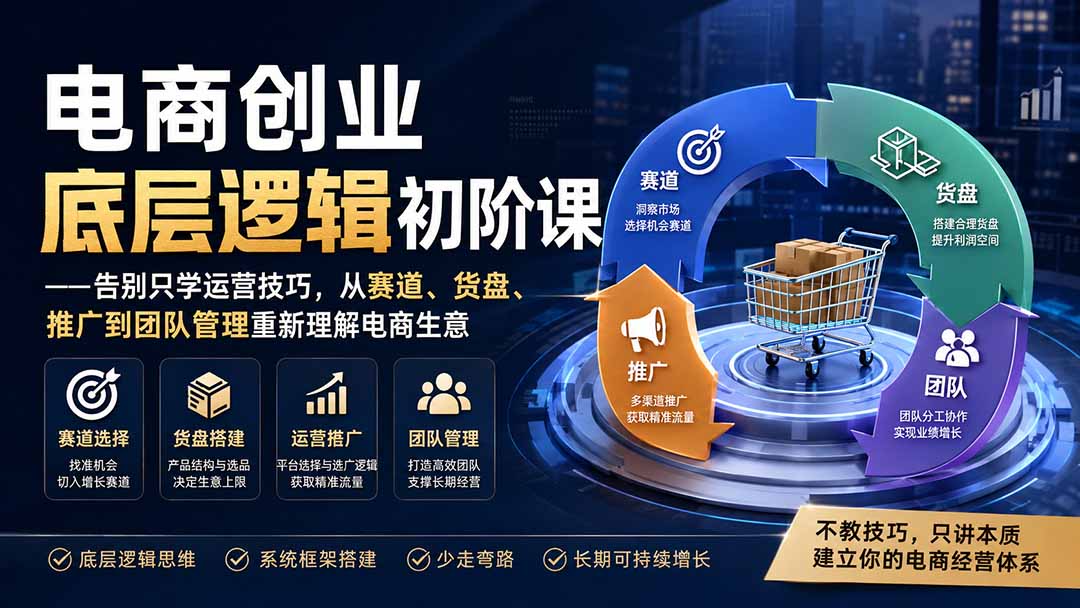 电商创业底层逻辑初阶课——告别只学运营技巧，从赛道、货盘、推广到团队管理重新理解电商生意-天韵资源网