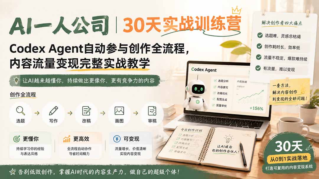 AI一人公司｜30天实战训练营；Codex Agent自动参与创作全流程，内容流量变现完整实战教学-天韵资源网