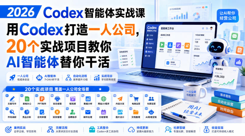 2026 Codex智能体实战课，用Codex打造一人公司，20个实战项目教你AI智能体替你干活-天韵资源网