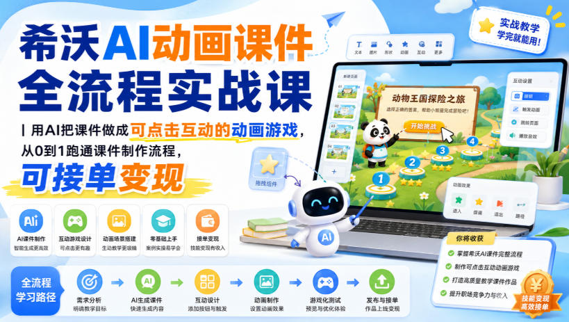 希沃AI动画课件全流程实战课｜用AI把课件做成可点击互动的动画游戏，从0到1跑通课件制作流程，可接单变现-天韵资源网