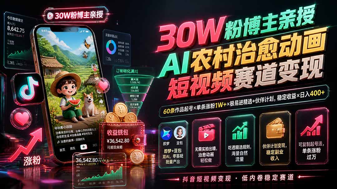 30W粉博主亲授AI农村治愈动画短视频赛道变现：60条作品起号×单条涨粉1W+×极易进精选+伙伴计划，稳定收益×日入400+-天韵资源网