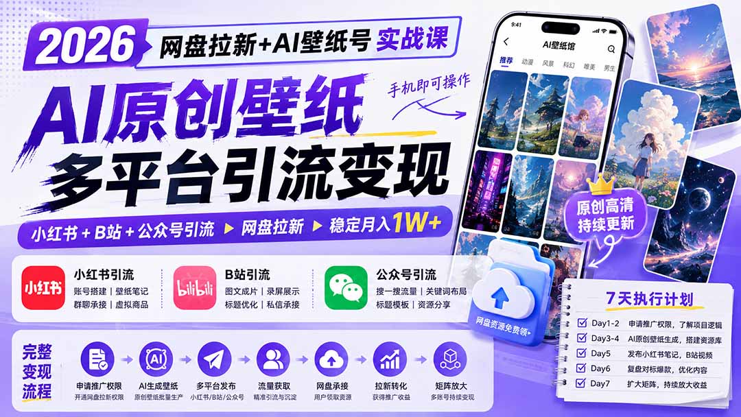 2026网盘拉新+AI壁纸号实战课：AI原创壁纸+小红书+B站+公众号引流，手机即可操作，月入1W+-天韵资源网