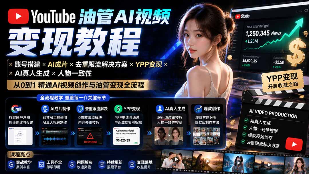 YouTube油管AI视频变现教程：账号搭建×AI成片×去重限流解决方案×YPP变现×AI真人生成×人物一致性-天韵资源网