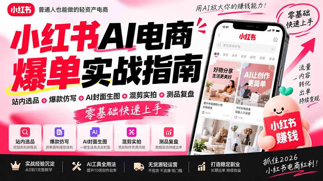 2026小红书AI电商爆单实战指南：站内选品+爆款仿写+AI封面生图+混剪实拍+测品复盘，零基础快速上手-天韵资源网