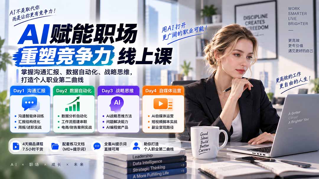 AI职场提效与第二曲线实战课-无水印：学习沟通汇报、数据工作流和战略思维，掌握AI编程做产品及自媒体运营方法-天韵资源网